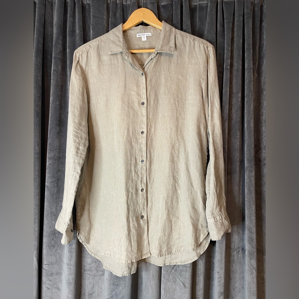 James Perse Linen button down collared shirt, long sleeve, Taupe/tan color